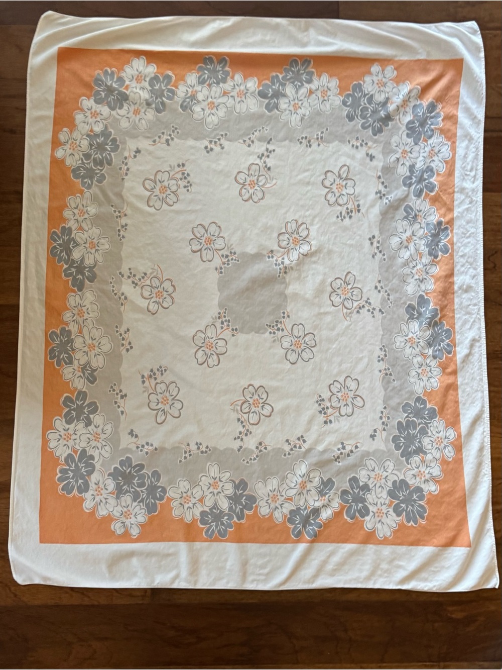 Vintage 1950 - 60’s Floral Tablecloth in Orange, Gray & White